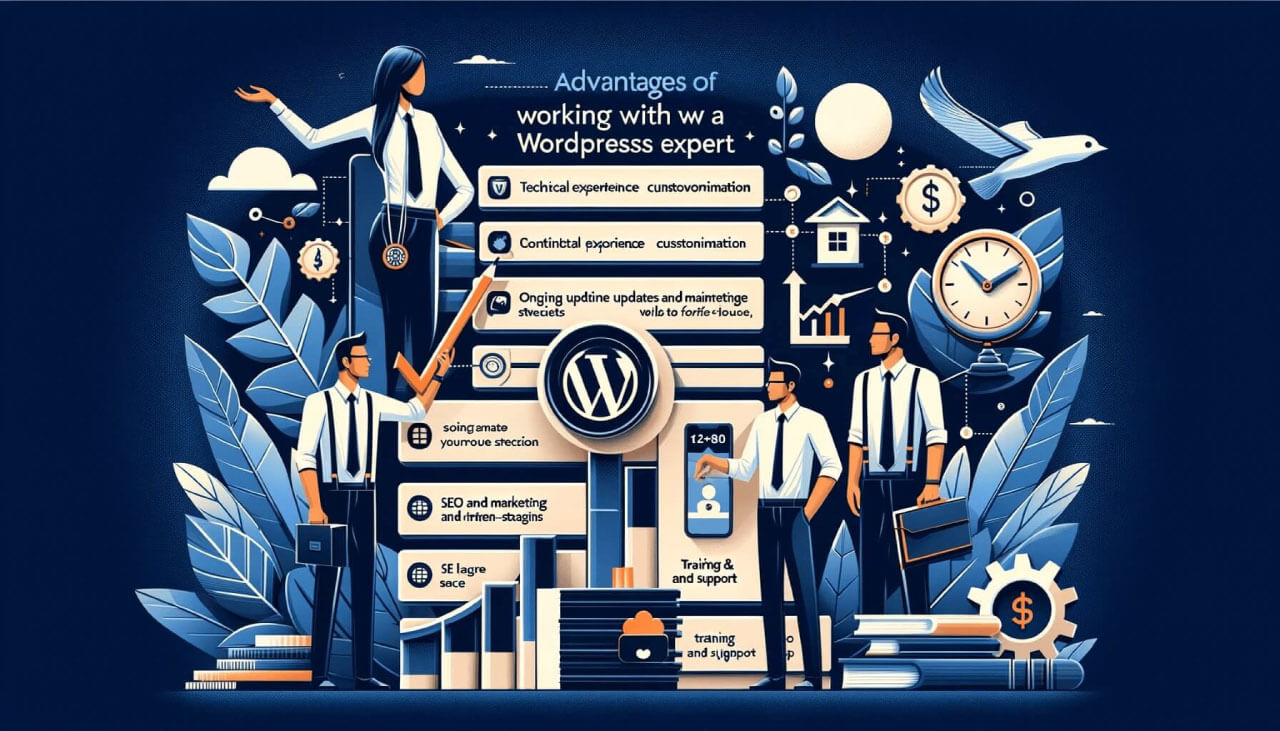 Bir profesyonel WordPress uzmanı ile çalışmanın avantajlarını vurgulayan geniş formatlı görsel, teknik uzmanlık, özelleştirme ve SEO stratejileri gibi kritik faydaları gösteriyor, işletmelerin dijital başarısını destekliyor.