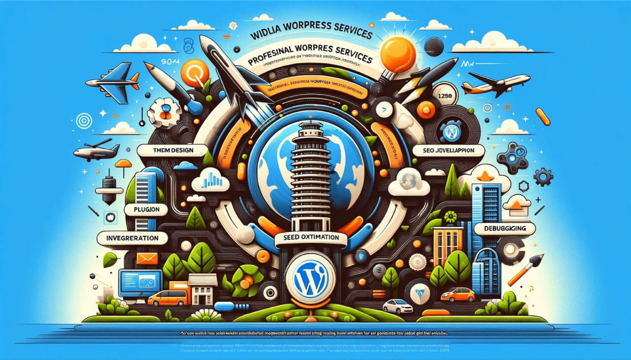 UzmanWP'nin Profesyonel WordPress Hizmetleri bölümü için tasarlanmış görsel, tema tasarımı, eklenti geliştirme ve SEO optimizasyonu gibi kapsamlı hizmetleri modern ve profesyonel bir tarzda yansıtıyor.
