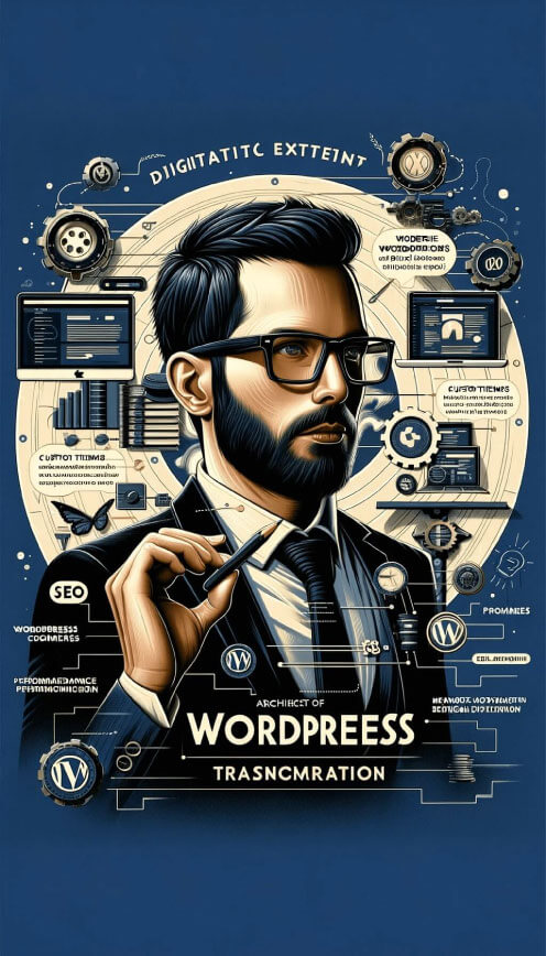 WordPress uzmanının dijital başarıyı nasıl şekillendirdiğini gösteren portre görsel, özelleştirilmiş tasarımlar ve SEO optimizasyonu ile siteleri zirveye taşıyor.