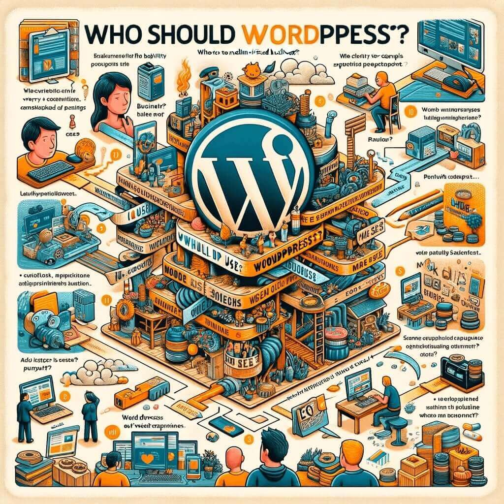 WordPress'i kimlerin kullanması gerektiğini gösteren görsel, küçük ve orta ölçekli işletmeler, blog yazarları ve e-ticaret projeleri için WordPress'in kolay kullanımını ve SEO avantajlarını vurguluyor, karmaşık projeler için özel yazılım öneriyor.